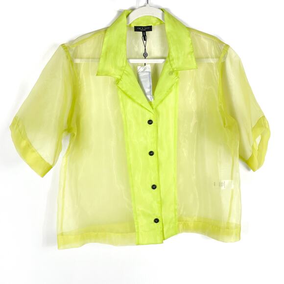 Rag & Bone Reed Shirt Neon Lime Green Button Front Short Sleeve Sheer Sz M - Picture 4 of 11
